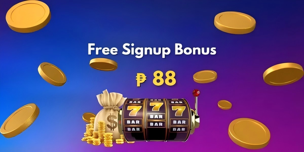 Free signup bonus display with gold coins and a triple seven slot machine